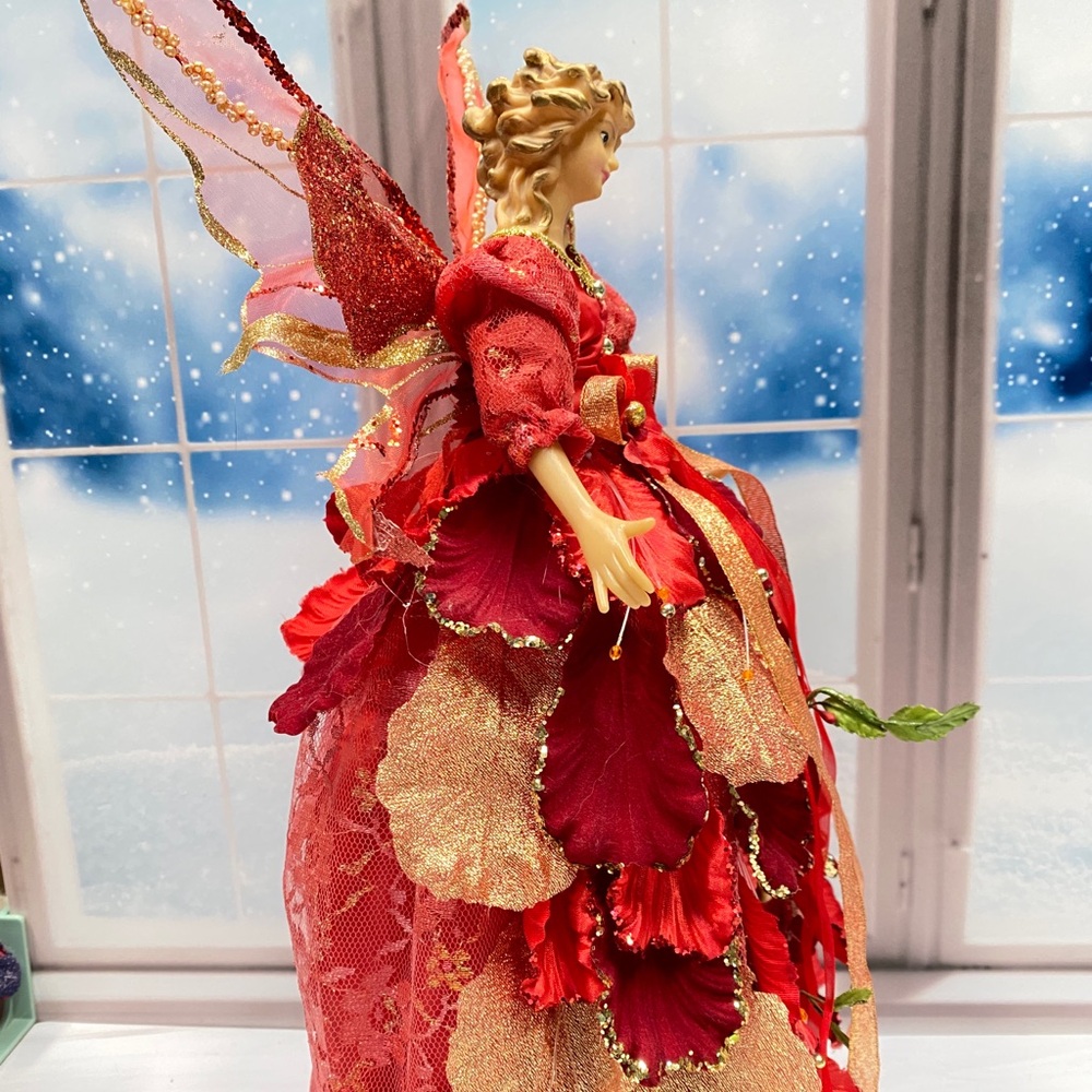 VTG 15” Red Petal Fairy Angel Tree Topper Layered Petal Gown, Glitter Wings - Picture 8 of 9